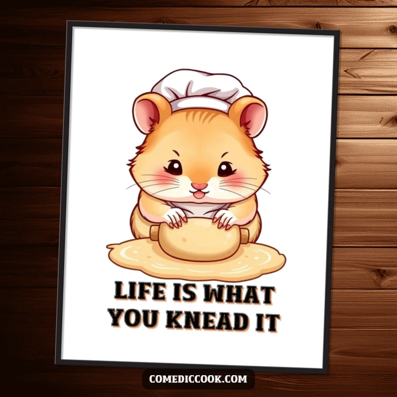 Funny Free Printable Wall Art: Intense hamster chef diligently rolling dough with tiny paws, a charming addition to any room.