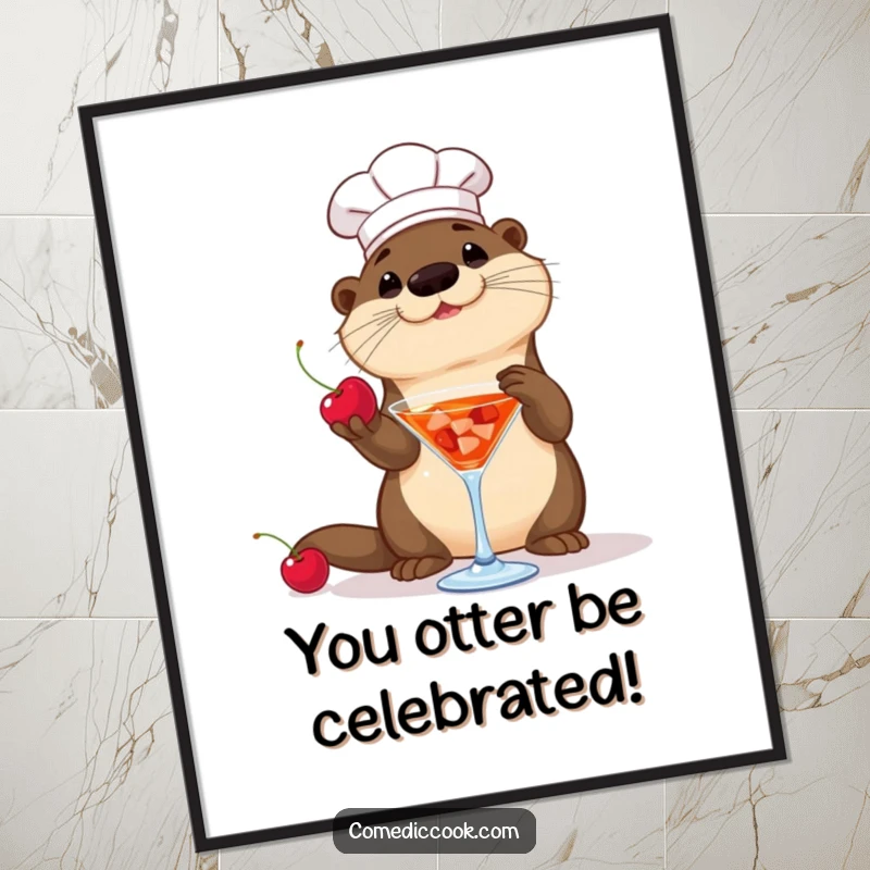 Funny free printable wall art: A playful otter chef tosses a cherry into a cocktail glass, adding a touch of flair.
