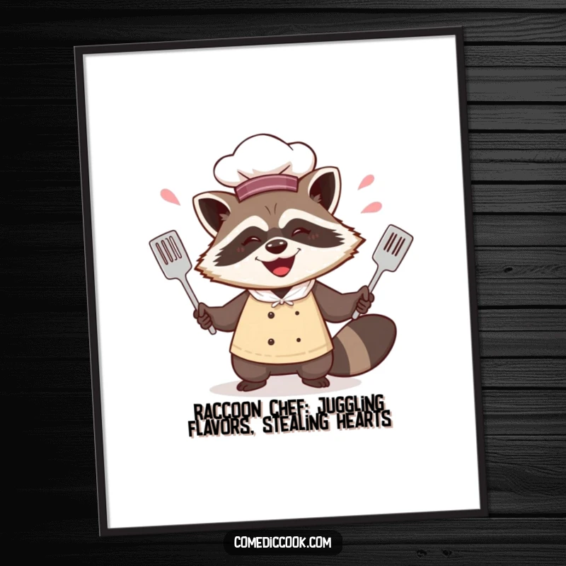 Funny Free Printable Wall Art: A happy raccoon chef juggles kitchen utensils with a mischievous twinkle in their eye.