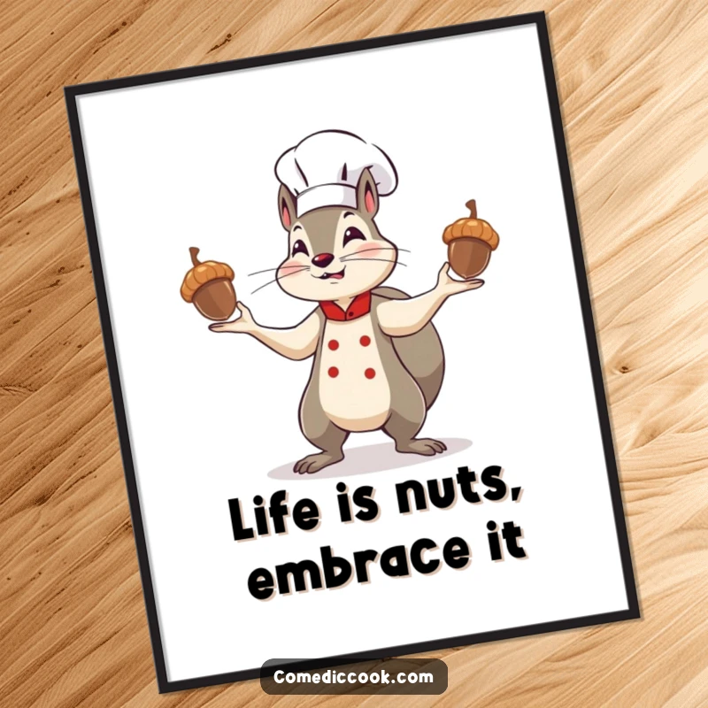 Funny Free Printable Wall Art: Determined squirrel chef skillfully juggling three shiny acorns, a quirky addition to any room.