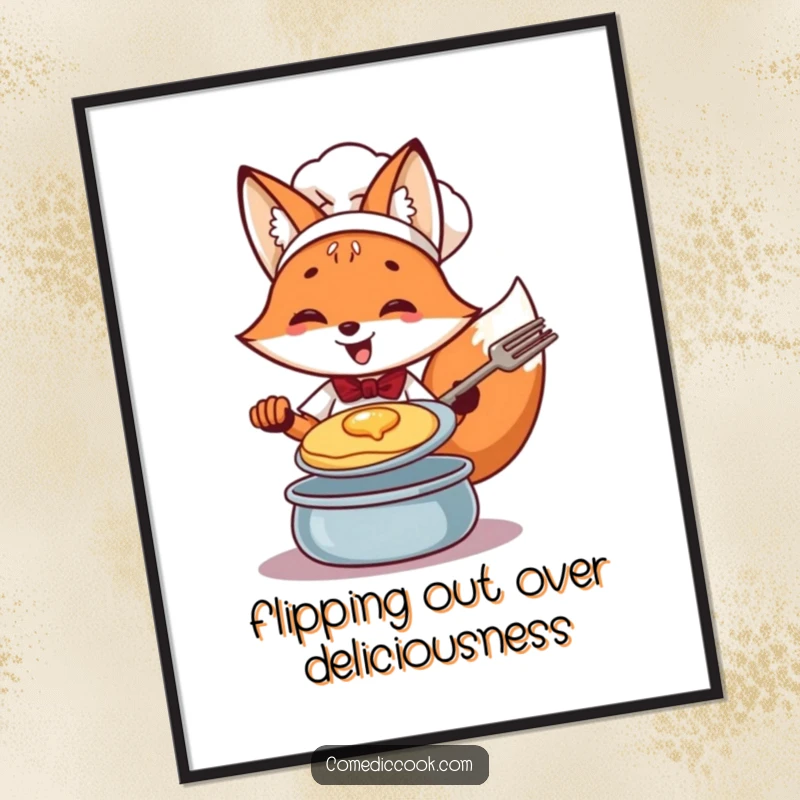Funny Free Printable Wall Art: A cheerful fox chef expertly flipping a pancake with a playful flourish.