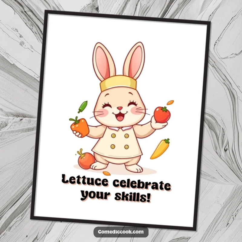 Funny Free Printable Wall Art: Cute bunny chef smiling while juggling colorful miniature vegetables, kitchen delight.