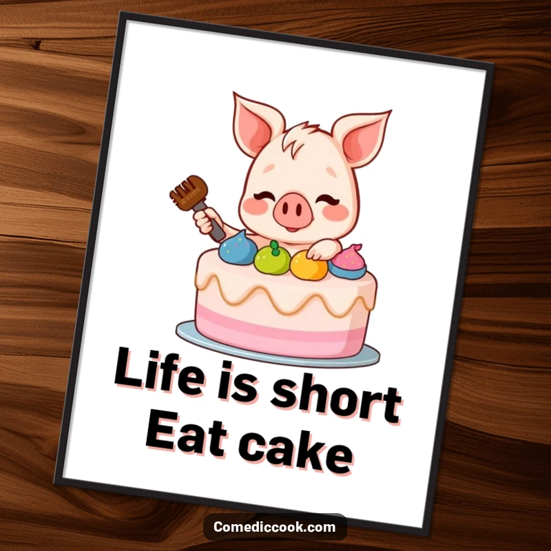 Funny Free Printable Wall Art: A jovial piglet masterfully frosts a cake with visible joy and colorful flair.