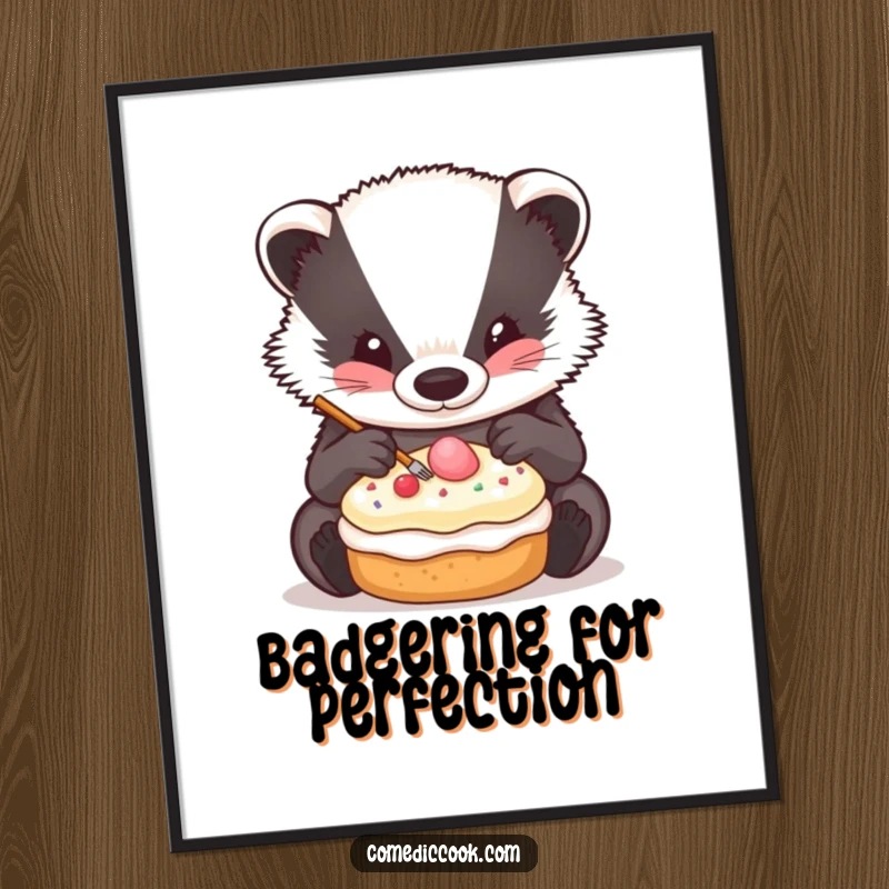Funny Free Printable Wall Art: Badger meticulously decorating a miniature pastry, precise, charming, kitchen decor, download.