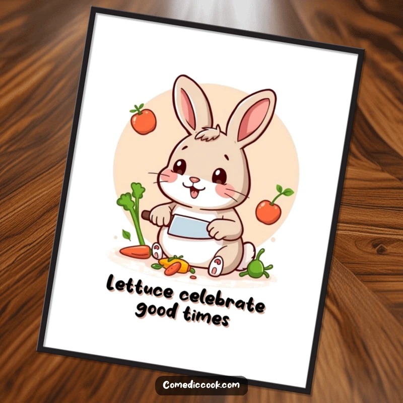 Funny Free Printable Wall Art: A happy rabbit meticulously chops vegetables with an impossibly small knife, showcasing culinary focus.