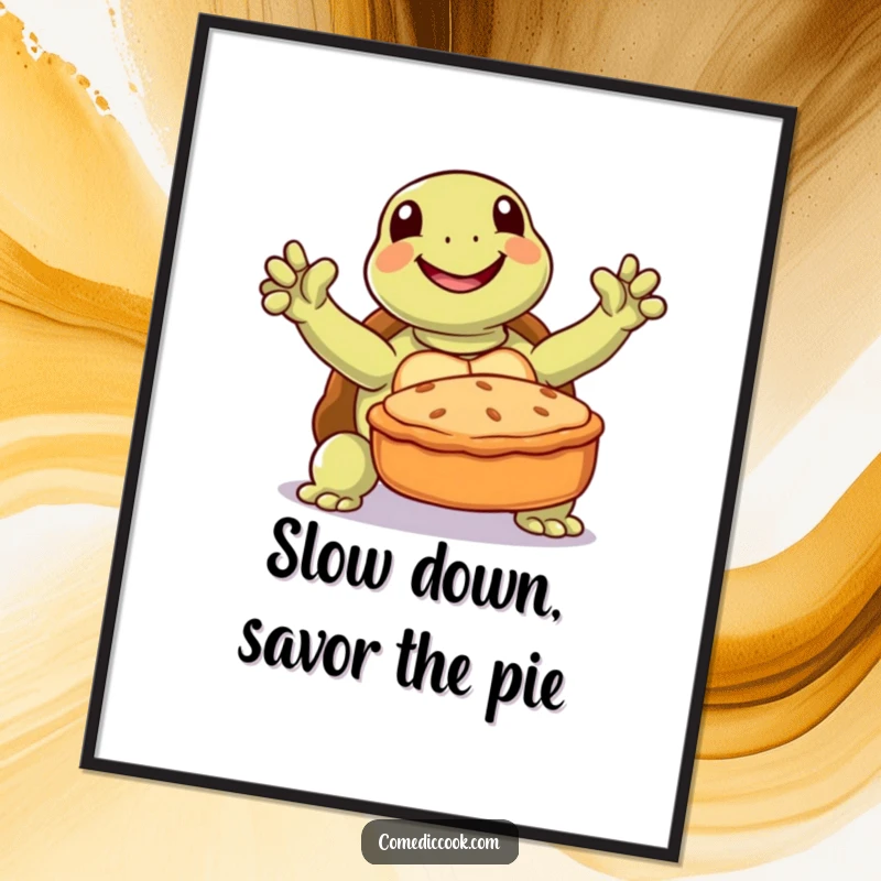 Funny Free Printable Wall Art: A joyful turtle triumphantly presents a delicious baked pie, celebrating homemade goodness.