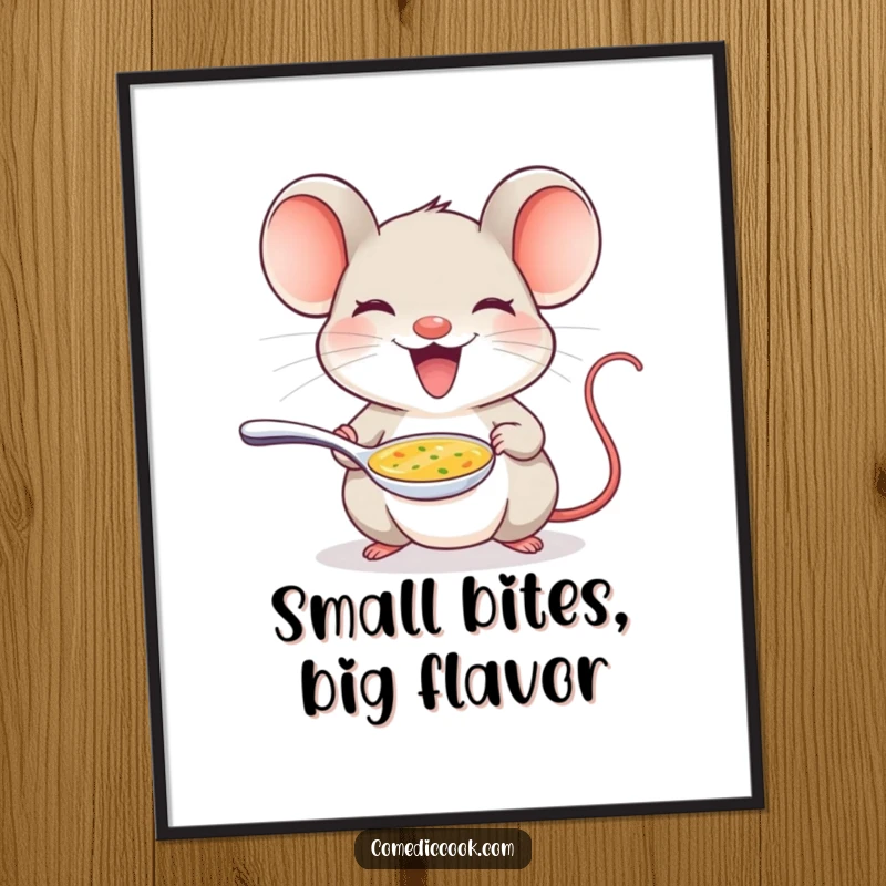 Funny Free Printable Wall Art: A delighted mouse proudly offers a tiny spoon of soup, promoting tiny culinary achievements.