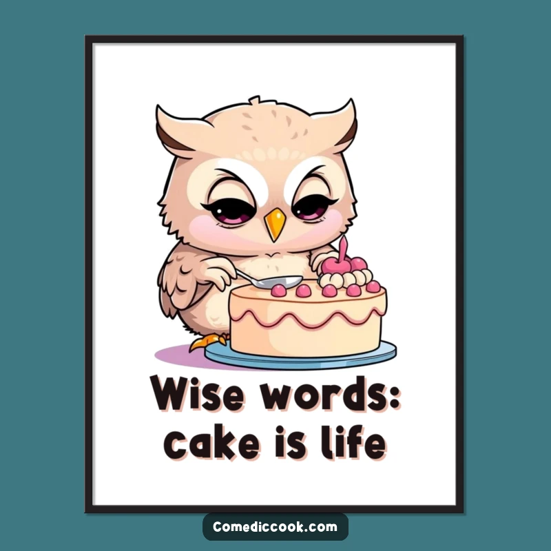 Funny Free Printable Wall Art: Wise Owl Decorating Cake, Whimsical Downloadable Home Decor