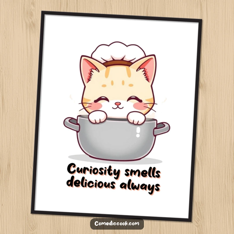 Funny Free Printable Wall Art of a curious Kawaii cat chef peeking into a steaming pot, perfect for kitchens.