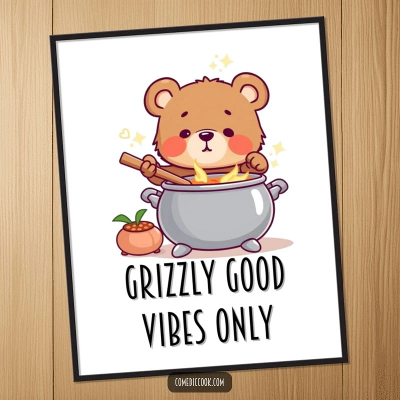 Funny Free Printable Wall Art: Bear cub in a chef hat stirring a bubbling cauldron, whimsical, kitchen decor, download.