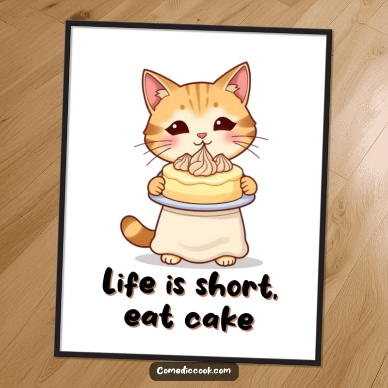 Funny Free Printable Wall Art: Stylish cat in an apron presenting a perfectly piped cake, baking chic, home decor, download.