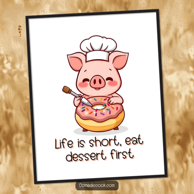 Funny Free Printable Wall Art of a smiling Kawaii pig chef decorating a donut with colorful sprinkles, ideal for kitchens.