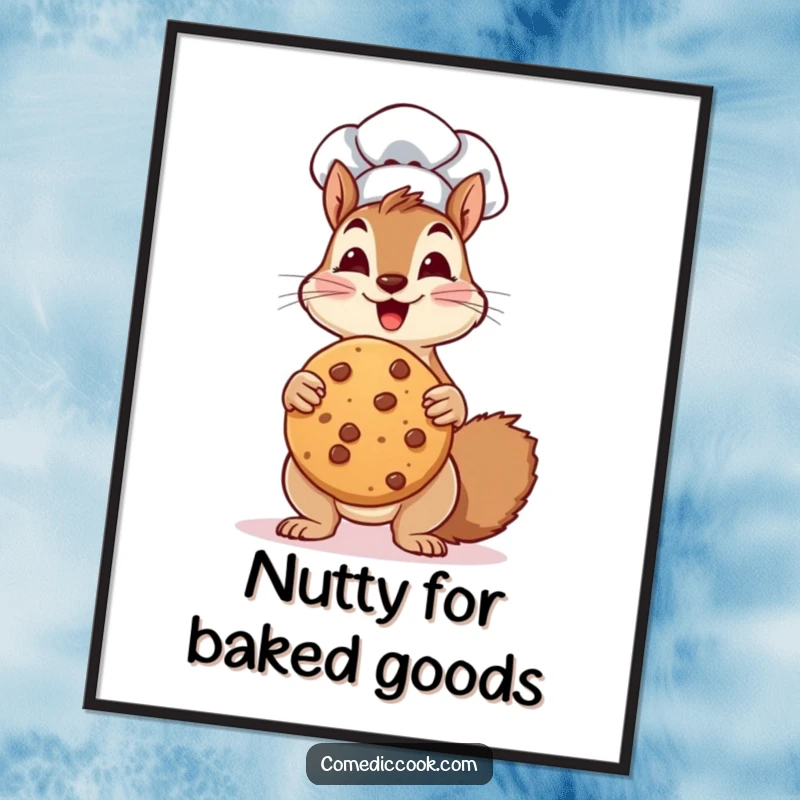Funny Free Printable Wall Art: A squirrel dressed as a chef enthusiastically displays a gigantic cookie, looking exceptionally proud.