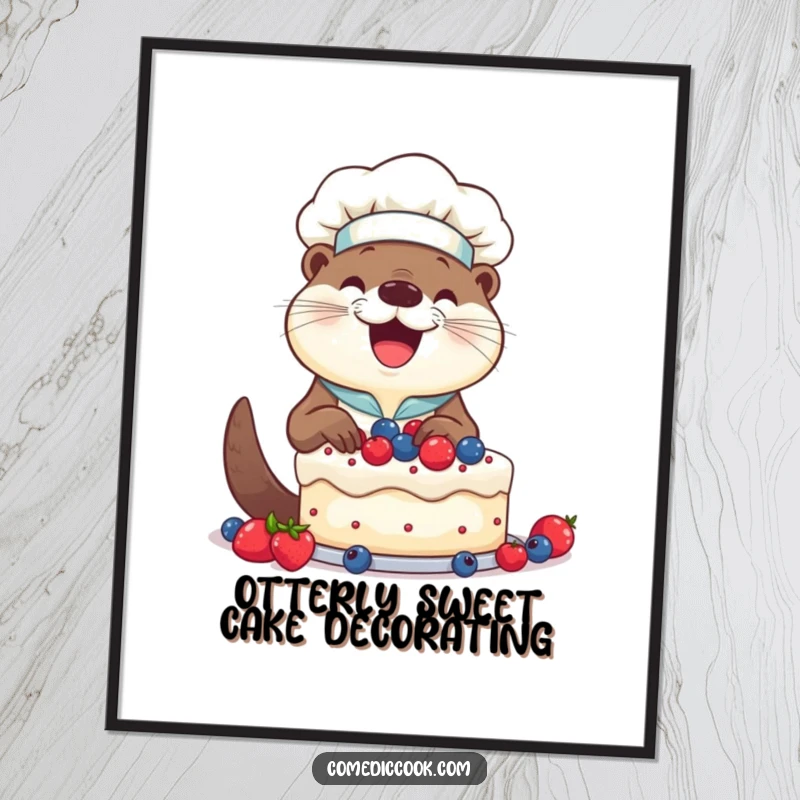 Funny Free Printable Wall Art: A smiling otter chef happily decorating a cake with colorful berries.