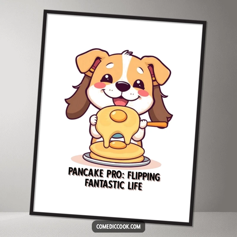 Funny free printable wall art: a dog expertly flips a pancake with a huge smile, perfect downloadable art.