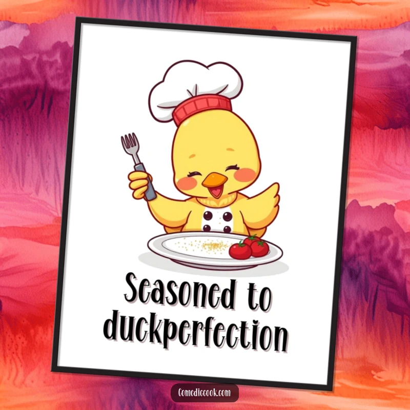 Funny Free Printable Wall Art: A duck chef in a hat gleefully sprinkles seasoning onto a plate, adding a touch of fun.