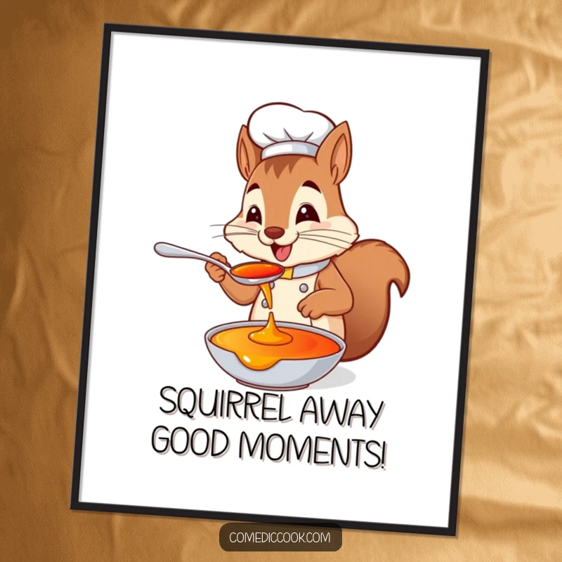 Funny Free Printable Wall Art: Playful squirrel chef delightedly tasting sauce from a spoon, kitchen humor.