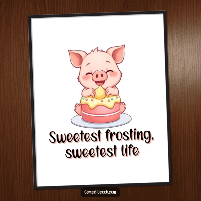 Funny Free Printable Wall Art: A piglet gleefully frosts a tiny cake with a big smile, spreading sweetness.