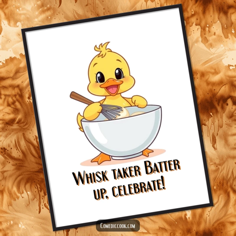 Funny Free Printable Wall Art: A jubilant duckling chef energetically whisks batter in a large bowl, bringing baking joy to your walls.