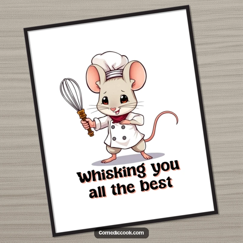 Funny Free Printable Wall Art: Brave mouse chef wielding a tiny whisk like a sword, a humorous and adventurous kitchen art piece.