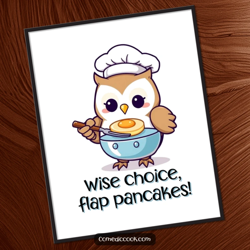 Funny Free Printable Wall Art: A skilled Kawaii owl chef flips a tiny, golden pancake with flair.