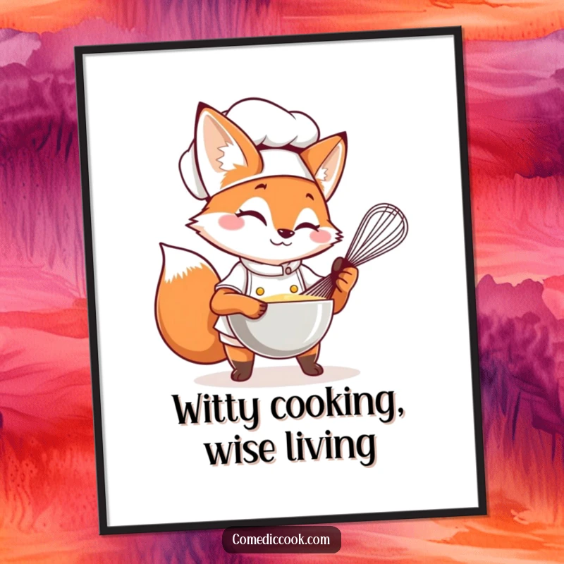 Funny Free Printable Wall Art: Sly fox in a chef hat winking while whisking, playful kitchen art, download.