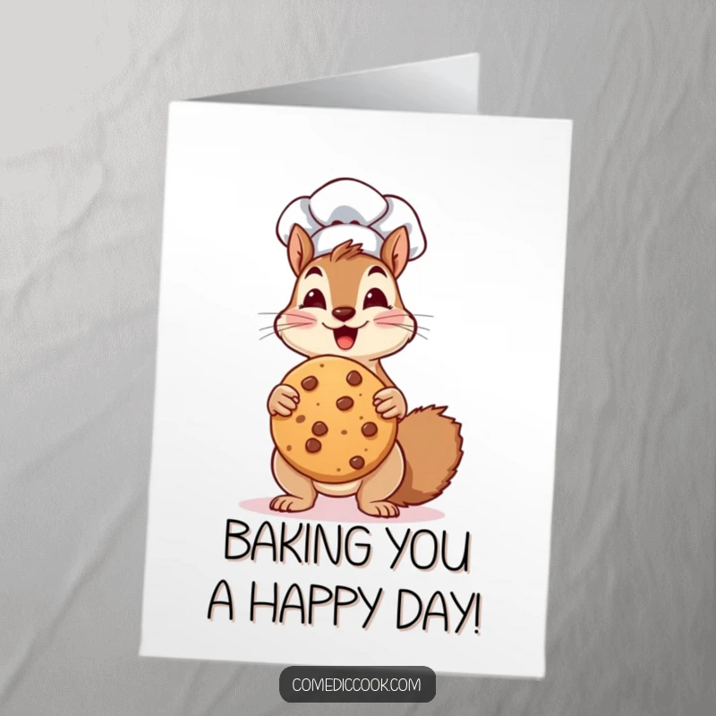 Funny Free Printable Birthday Card: A squirrel chef with a chef hat enthusiastically holds up a massive cookie, beaming with pride.