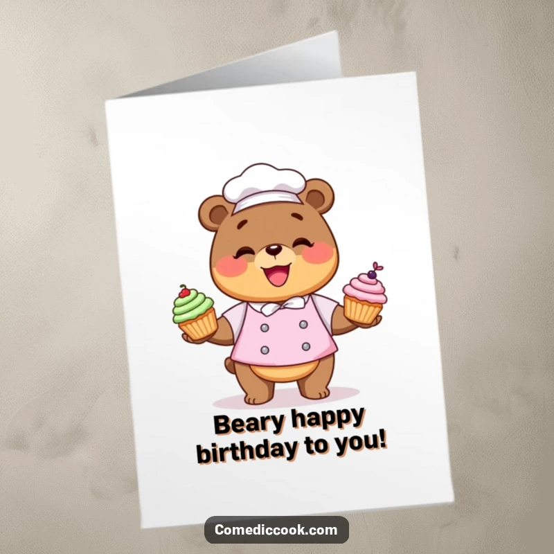 Funny Free Printable Birthday Card: Happy Kawaii bear chef joyfully juggles three colorful cupcakes.