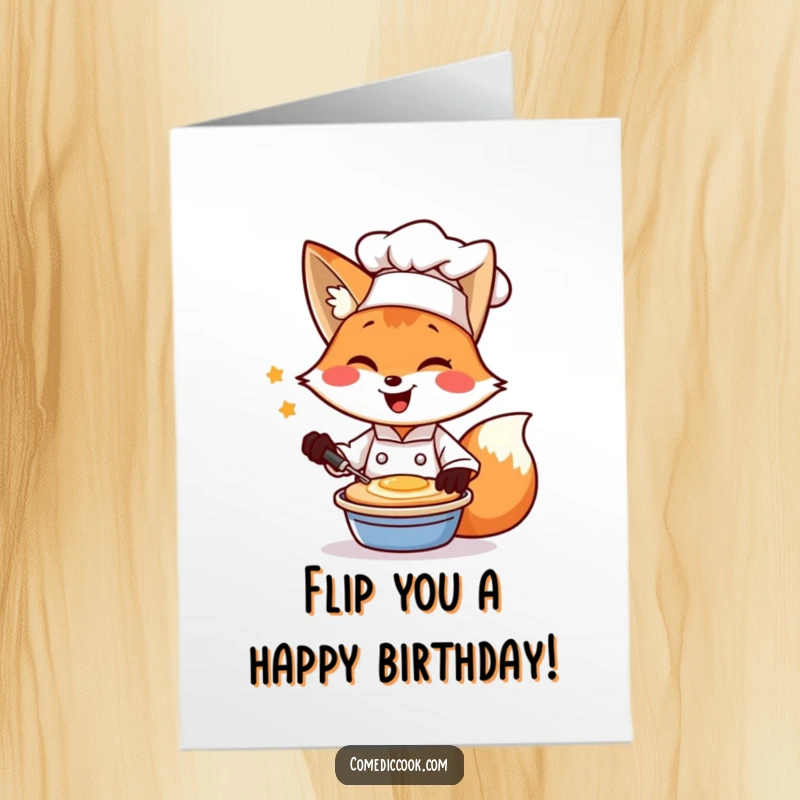 Funny Free Printable Birthday Card: A cheerful fox chef winks while flipping a pancake, celebrating a birthday.
