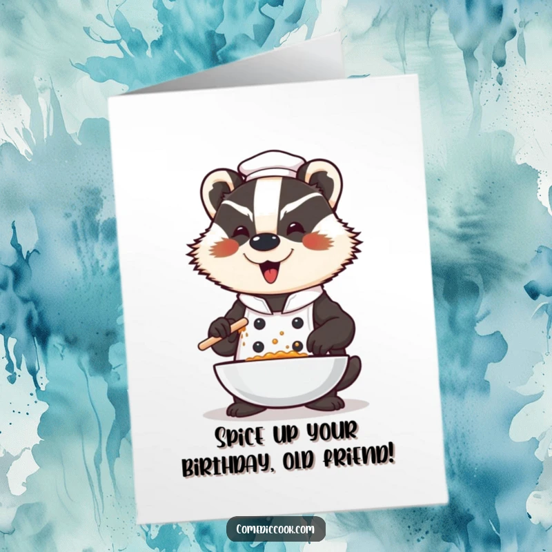 Funny Free Printable Birthday Card: Badger chef dramatically seasons a dish with a grand flourish, celebrating the occasion.