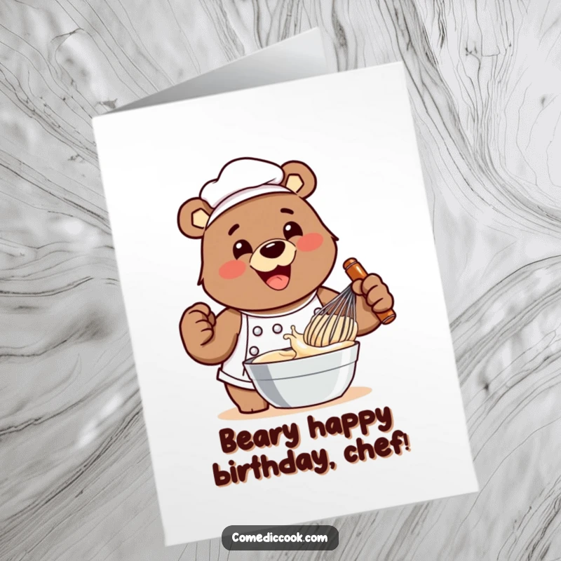 Funny Free Printable Birthday Card: A smiling bear chef energetically whisks batter with great excitement.