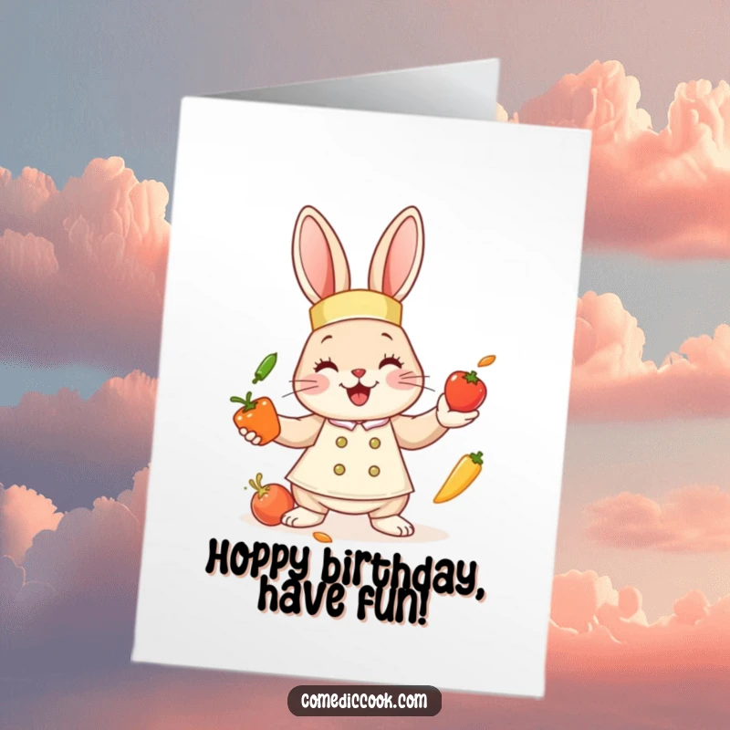 Funny Free Printable Birthday Card: Cute bunny chef smiling while juggling tiny vegetables, a playful greeting.