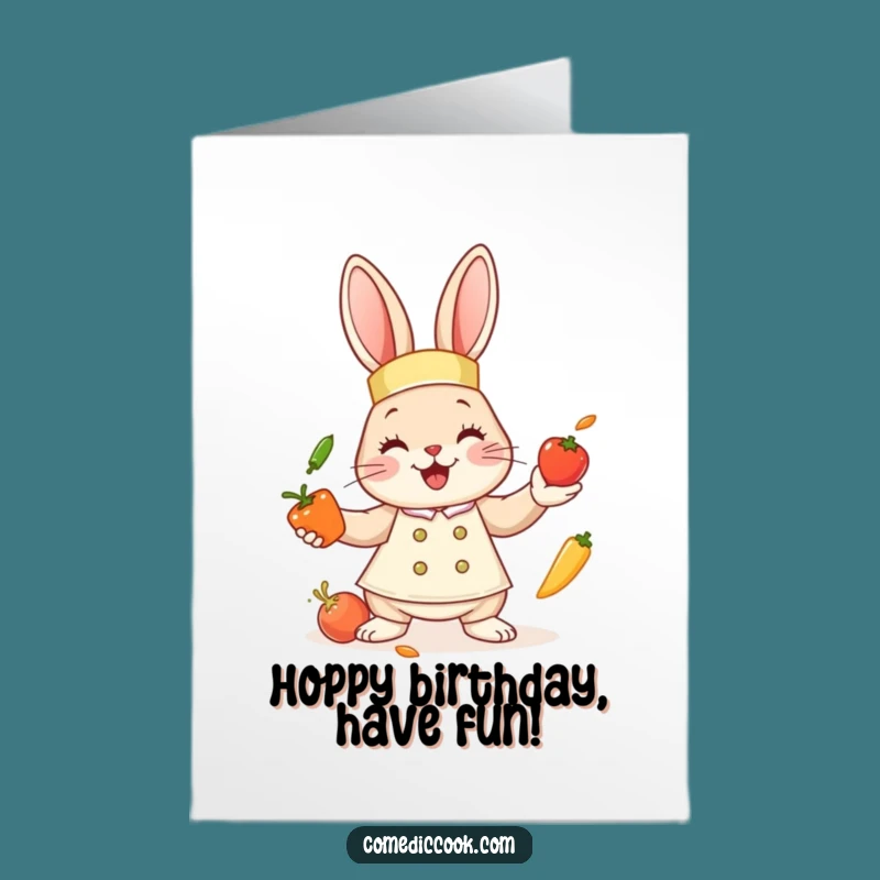 Free Printable Birthday Card: Bunny Chef Juggling Veggies, Fun Downloadable Gift Idea