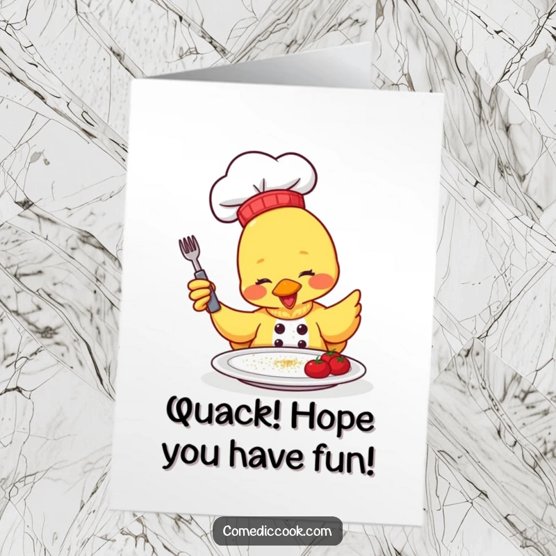 Funny Free Printable Birthday Card: A duck chef in a hat gleefully sprinkles seasoning onto a plate with a cheerful expression.
