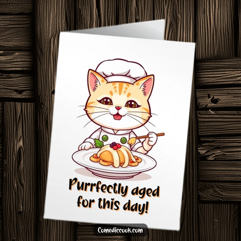 Funny Free Printable Birthday Card: Cat chef proudly presents a gourmet dish, ready to be printed at home.