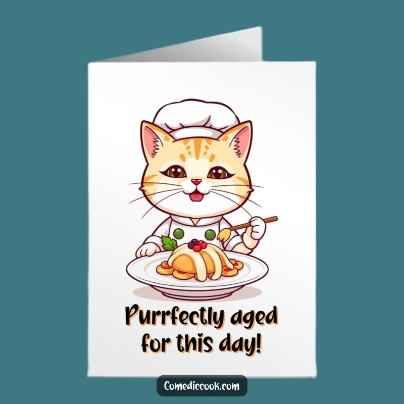 Free Printable Birthday Card: Funny Cat Chef Serving Gourmet Meal Downloadable
