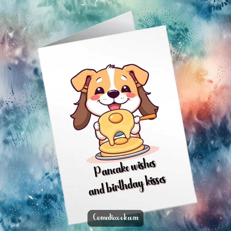Funny free printable birthday card: a happy dog masterfully flips a golden pancake mid-air, a delightful DIY gift.