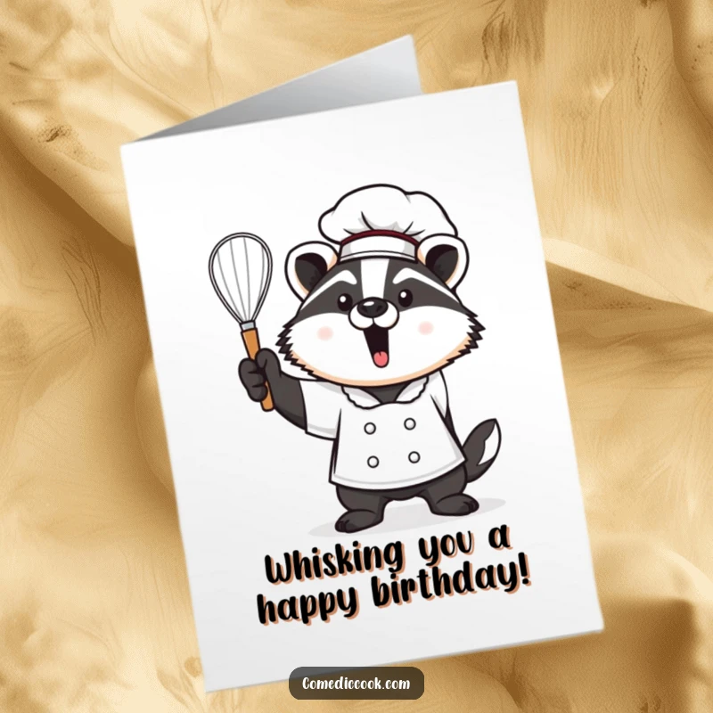 Funny Free Printable Birthday Card featuring a proud Kawaii badger chef triumphantly holding a whisk aloft, ready to create something special.
