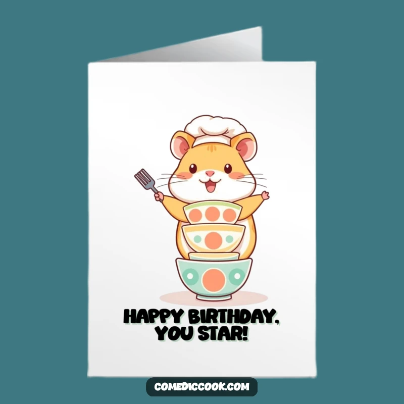 Free Printable Birthday Card: Funny Kawaii Hamster Chef Bowls Card, DIY Downloadable Gift