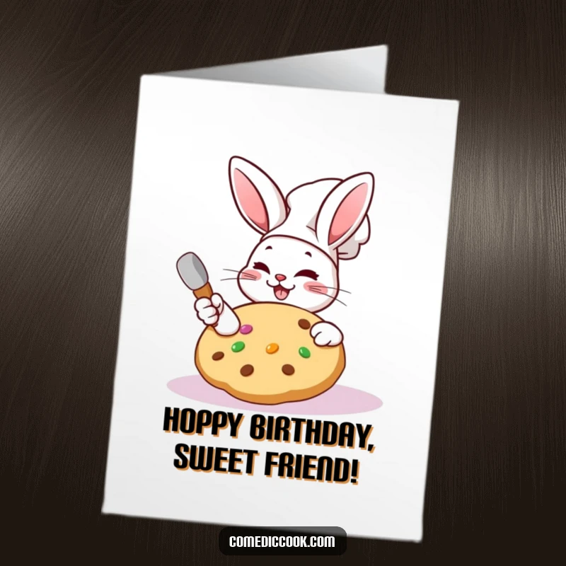 Funny Free Printable Birthday Card: Cheerful Kawaii rabbit chef winks while frosting a giant cookie.