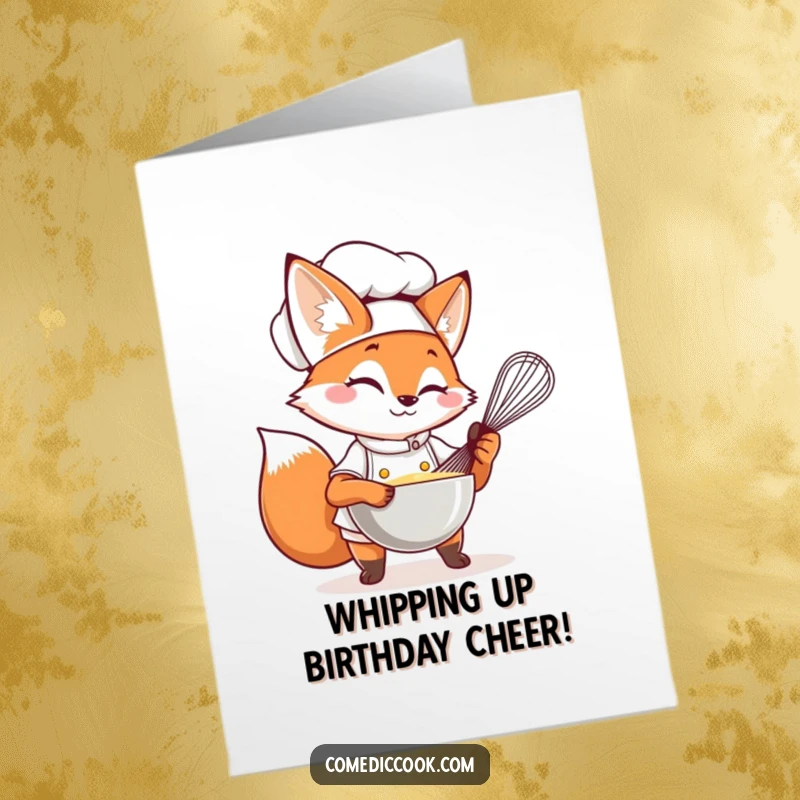Funny Free Printable Birthday Card: Fox chef with a playful wink whisking in a bowl, sly, culinary, enjoy, download.