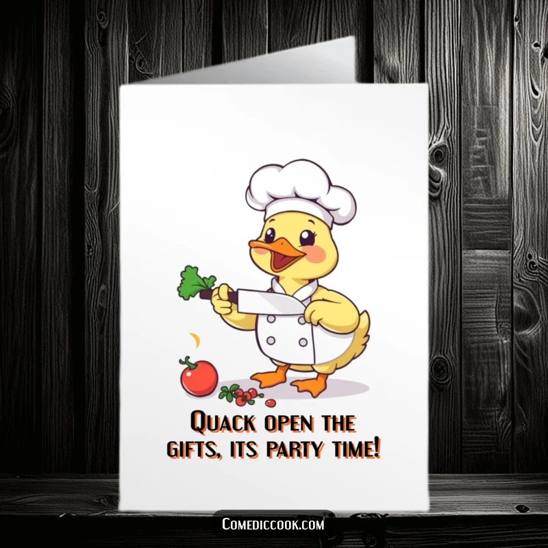 Funny free printable birthday card: A bouncing duck chef enthusiastically chops vegetables with a small cleaver, ready for a party.