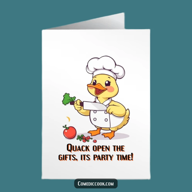 Free Printable Duck Chef Birthday Card: Chopping Veggies Funny Downloadable Gift