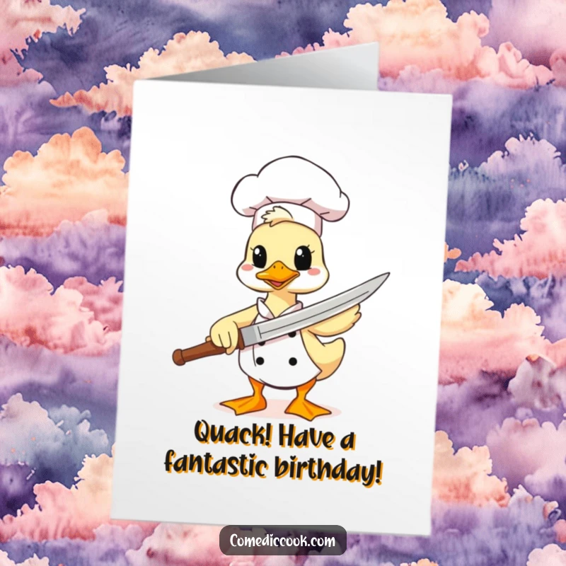 Funny Free Printable Birthday Card: Duck chef comically brandishes a spatula as a sword, ready for a culinary battle.