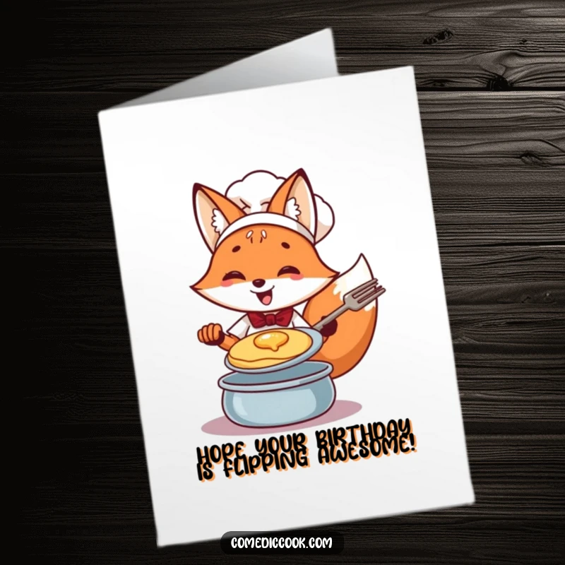 Funny Free Printable Birthday Card: Cheerful fox chef expertly flipping a pancake with a celebratory flourish.