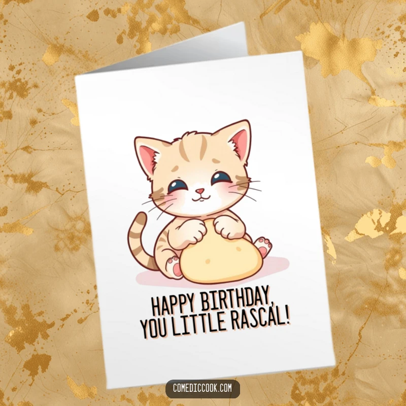 Funny Free Printable Birthday Card: A playful kitten gracefully kneading dough with adorable tiny paws, ready for baking fun.