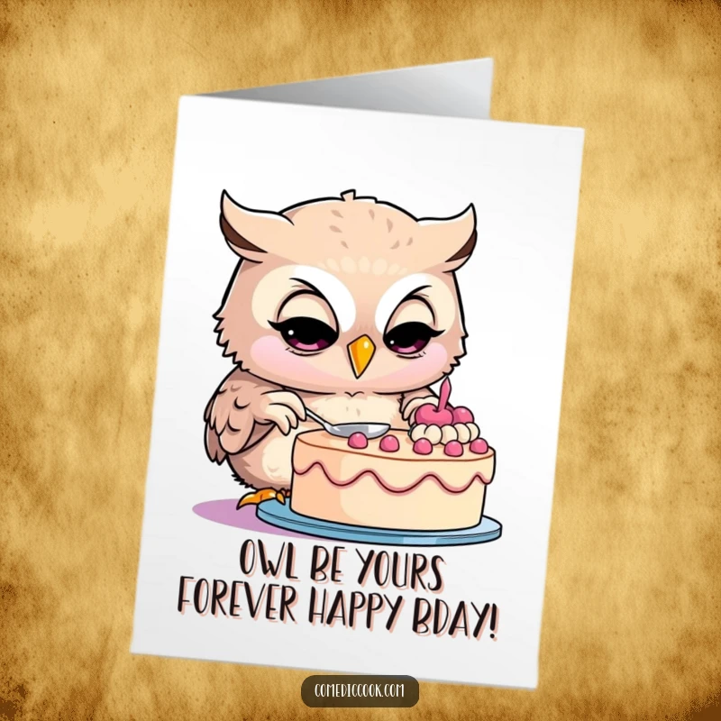 Funny Free Printable Birthday Card: Wise owl with intense focus decorating a cake with frosting, making wishes come true.