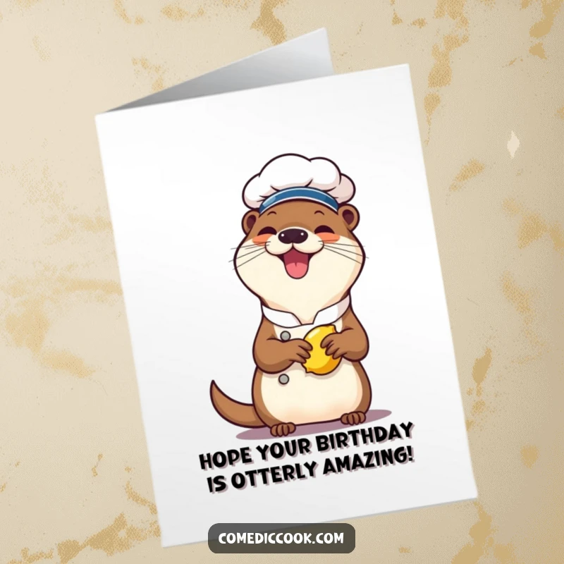 Funny Free Printable Birthday Card: Cheerful otter chef giggles while energetically squeezing a lemon, adding zest.