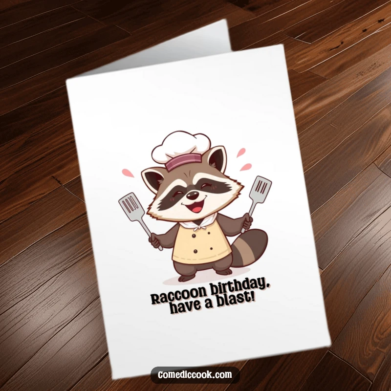 Funny Free Printable Birthday Card: A happy raccoon chef playfully juggles spatulas with a mischievous grin.