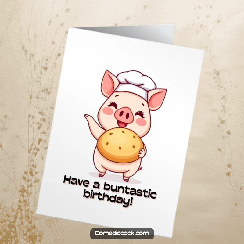 Funny Free Printable Pig Chef Birthday Card: A happy pig in a chef hat holding a perfect bun.